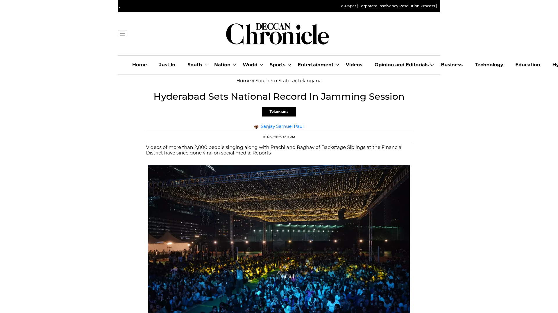 Deccan Chronicle press cutout — Hyderabad sets national record in jamming session