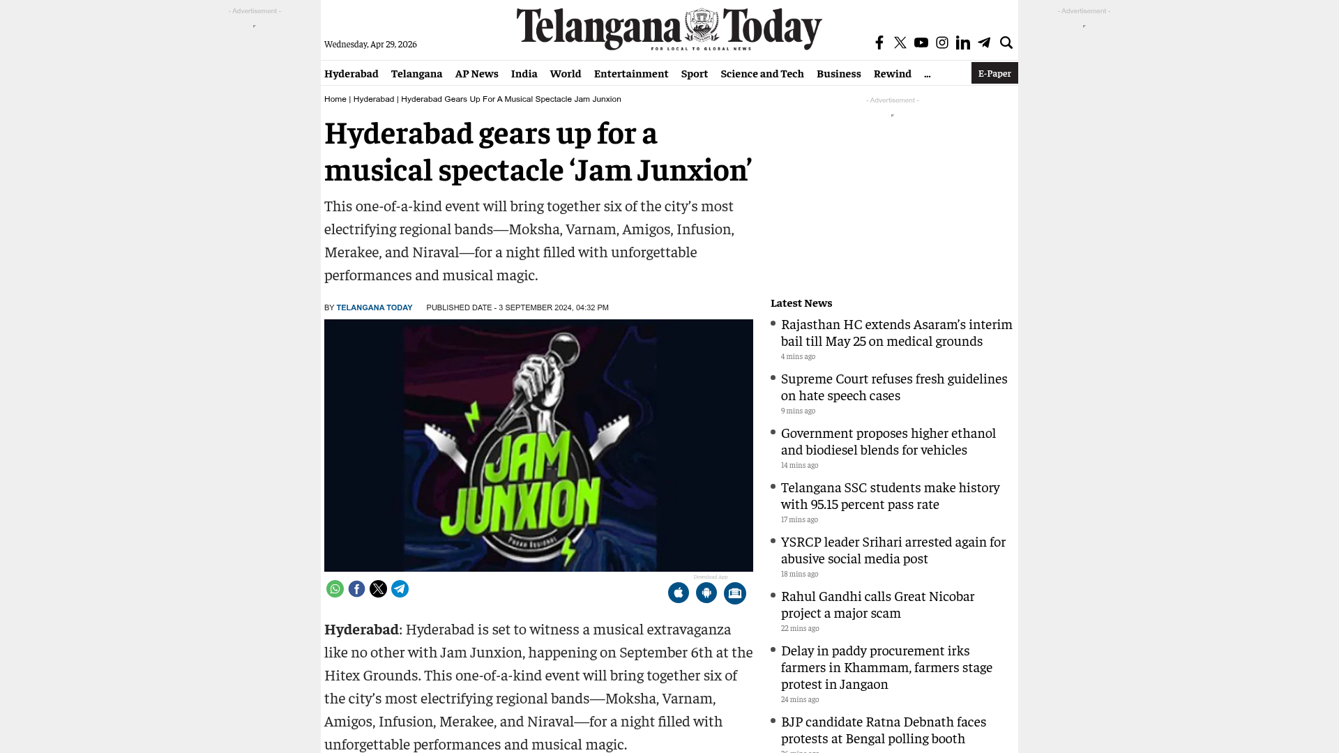 Telangana Today press cutout — Hyderabad gears up for a musical spectacle 'Jam Junxion'
