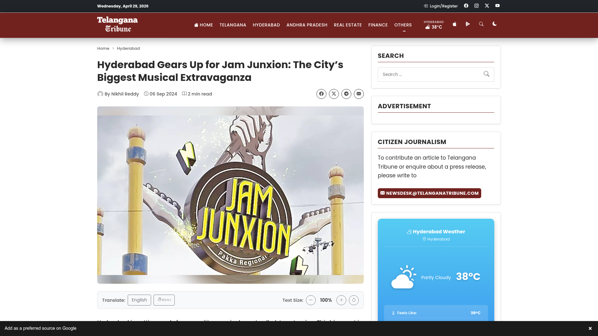 Telangana Tribune press cutout — Hyderabad gears up for Jam Junxion: The city's biggest musical extravaganza